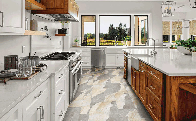 large format stone look luxury vinyl tile flooring in farmhouse kitchen